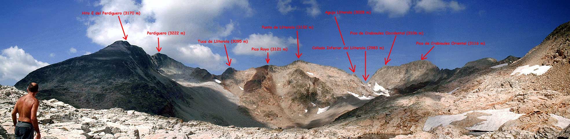 Ibón del Lliterola (2730 m), Hito E del Perdiguero (3170 m), Perdiguero (3222 m), Tuca de Lliterola (3095 m), Pico Royo (3121 m), Punta de Lliterola (3132 m), Aguja de Lliterola (3028 m), y los majestuosos y magníficos picos de los Crabioules Occidental (